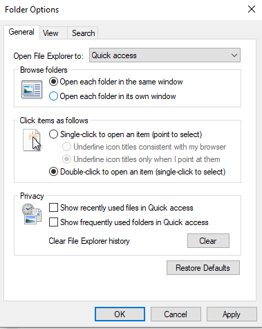 Advanced Folder options in Window 10 File Explorer