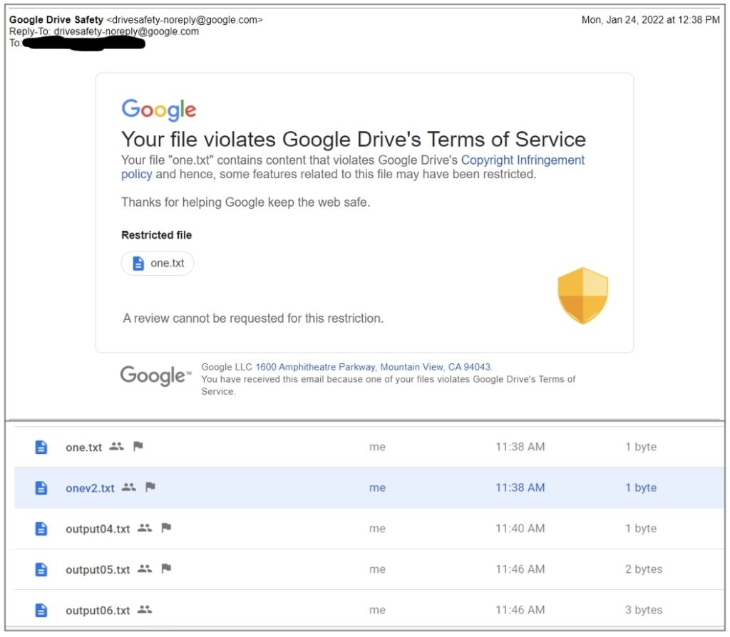 google drive violation